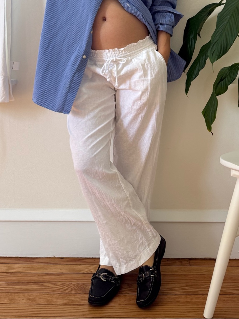 Salt Life Linen Blend Elastic Waistband With Drawing White Coastal Pants Size S